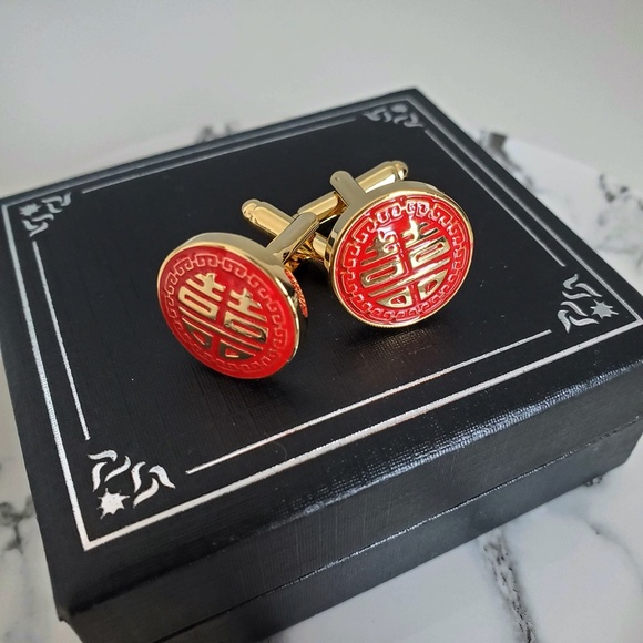 Chinese groom double happiness round cufflinks cufflink Groomsmen wedding gift - Picture 1 of 8